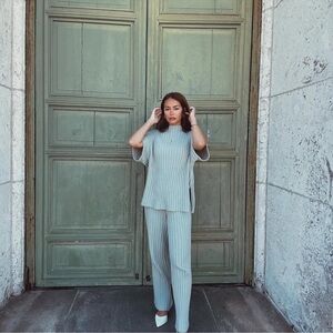 Women's green Ribbed Pants & Top Set